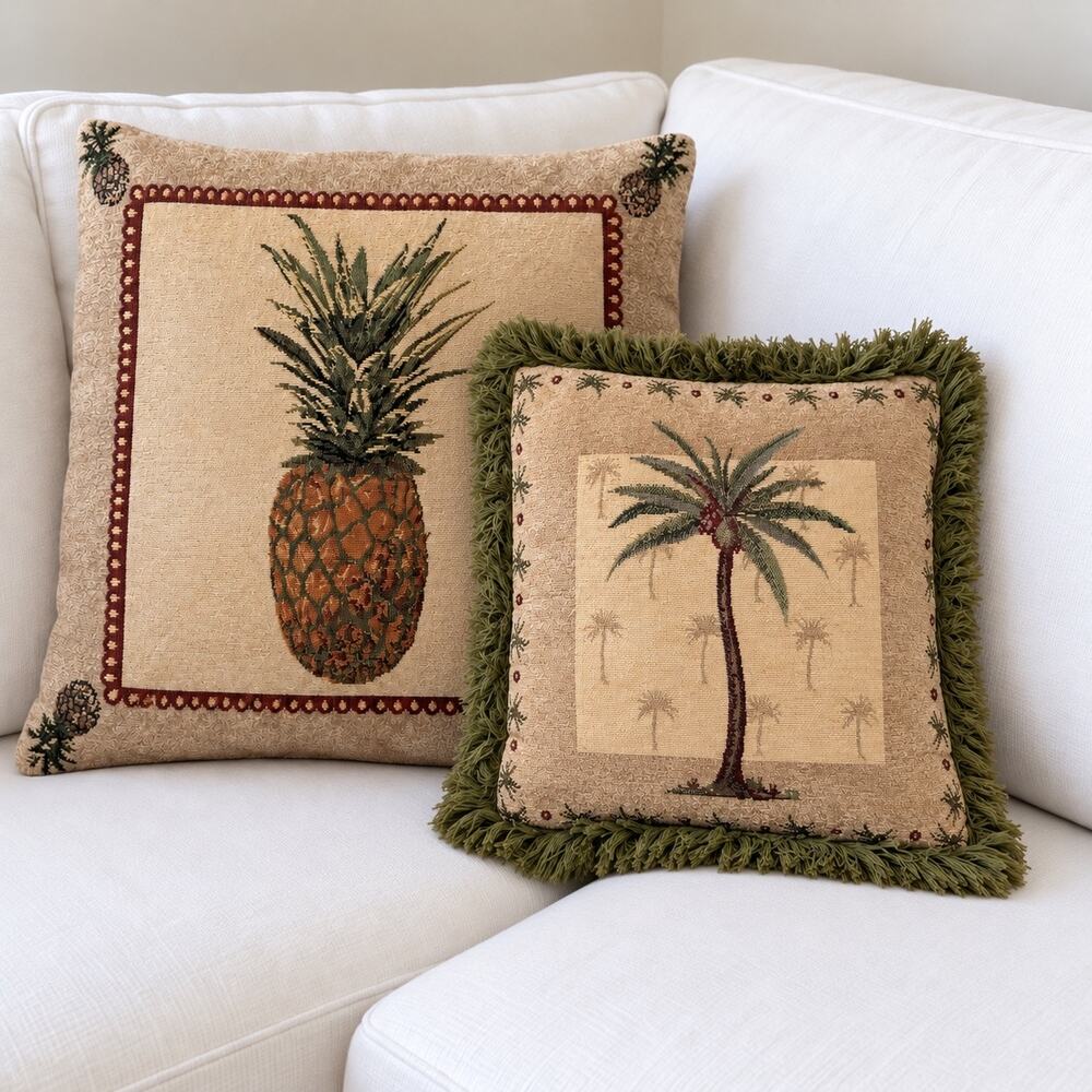 Vintage Tapestry Pillow Pair – Pineapple Palm Tree Tropical Coastal Fringe